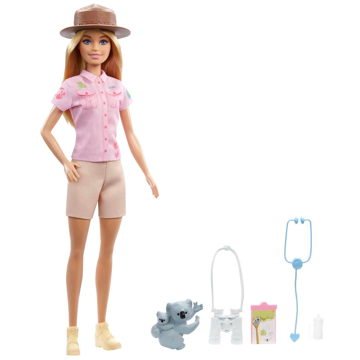 Barbie zoologist doll in pink shirt and khaki shorts ready for care-themed play