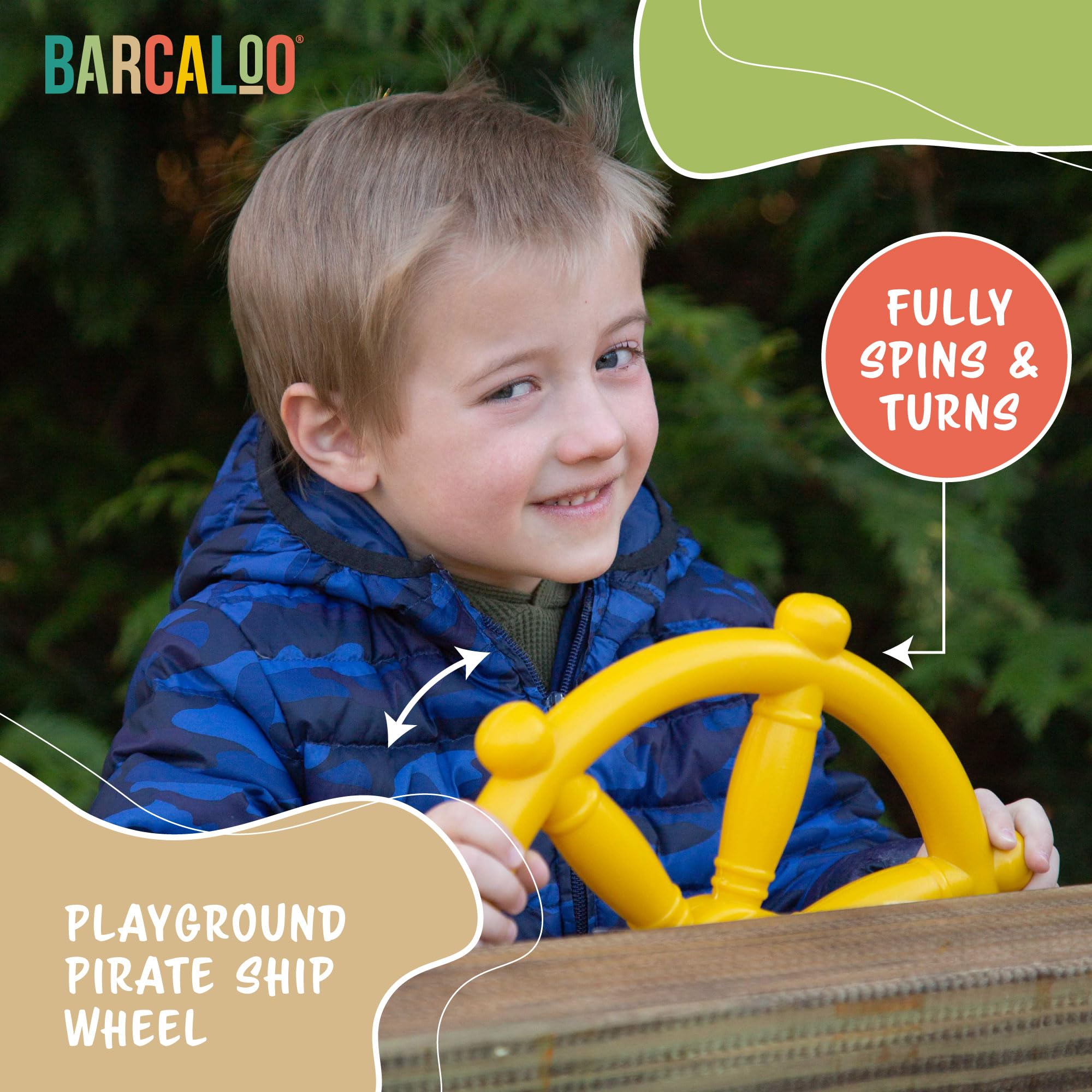 Barcaloo jungle gym pirate wheel close-up showing durable plastic for outdoor play.