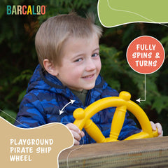 Barcaloo jungle gym pirate wheel close-up showing durable plastic for outdoor play.