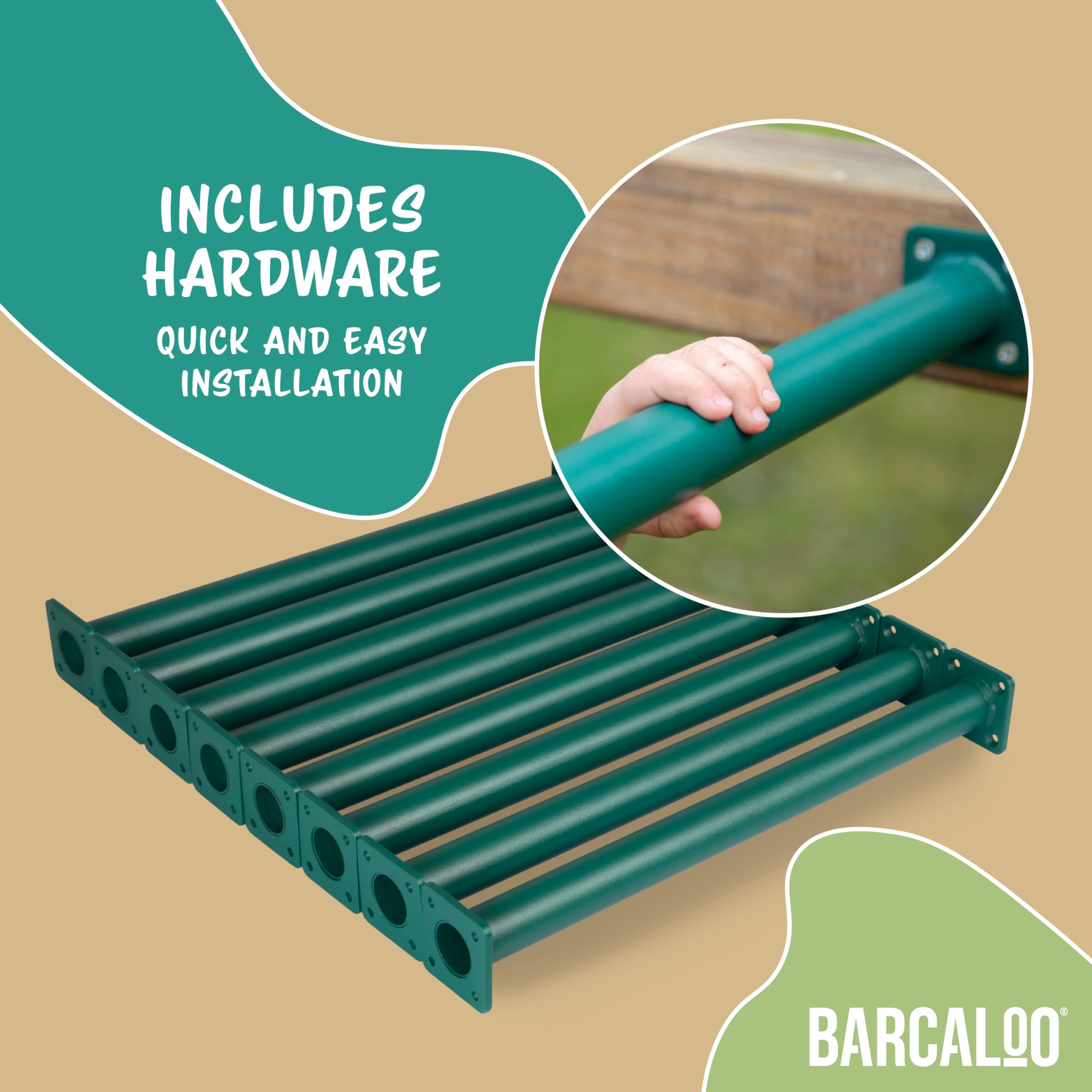 Barcaloo monkey bars kit ships with 12-pack hardware for quick, simple installation