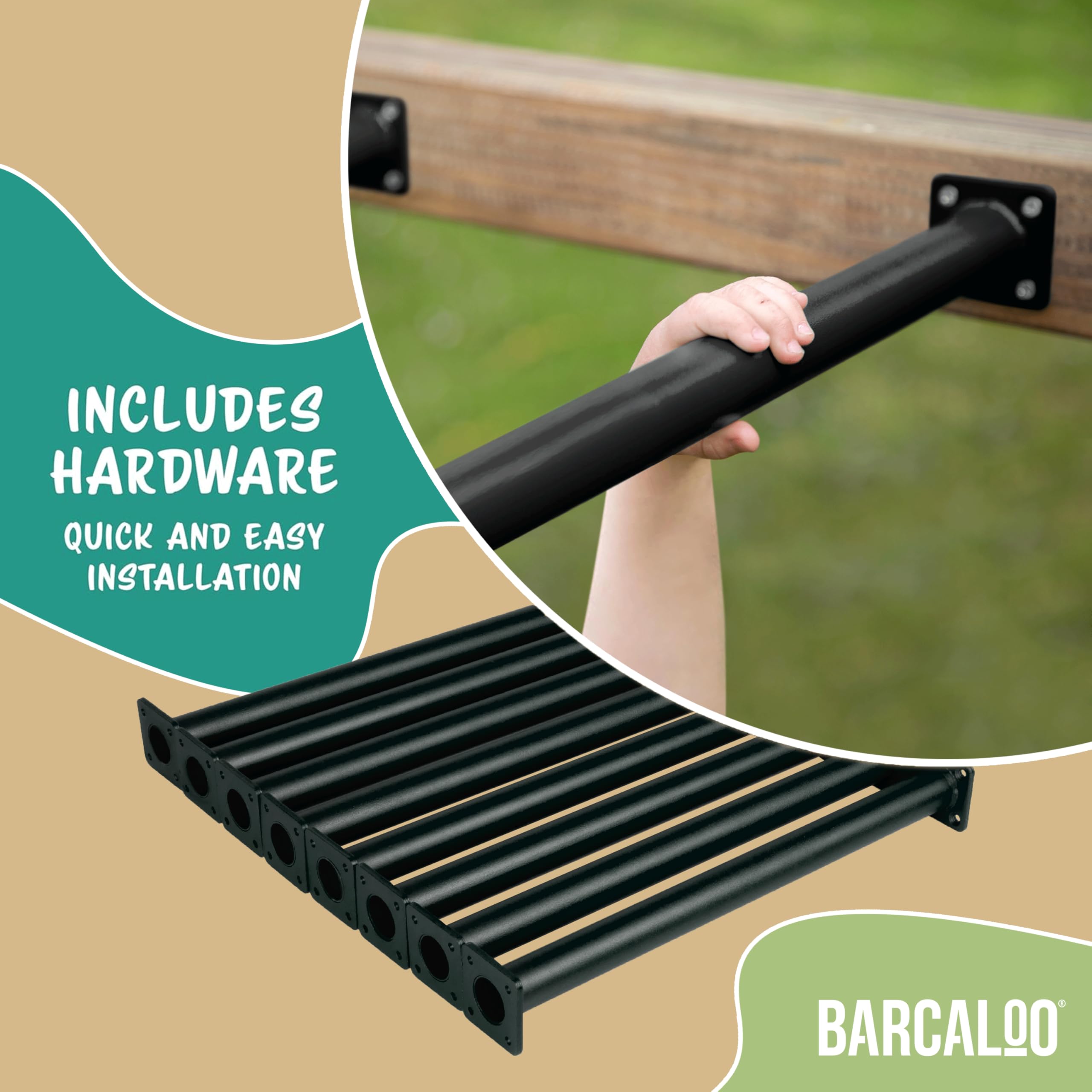Barcaloo mounting plates and hardware enable sturdy, easy installation for lasting play.