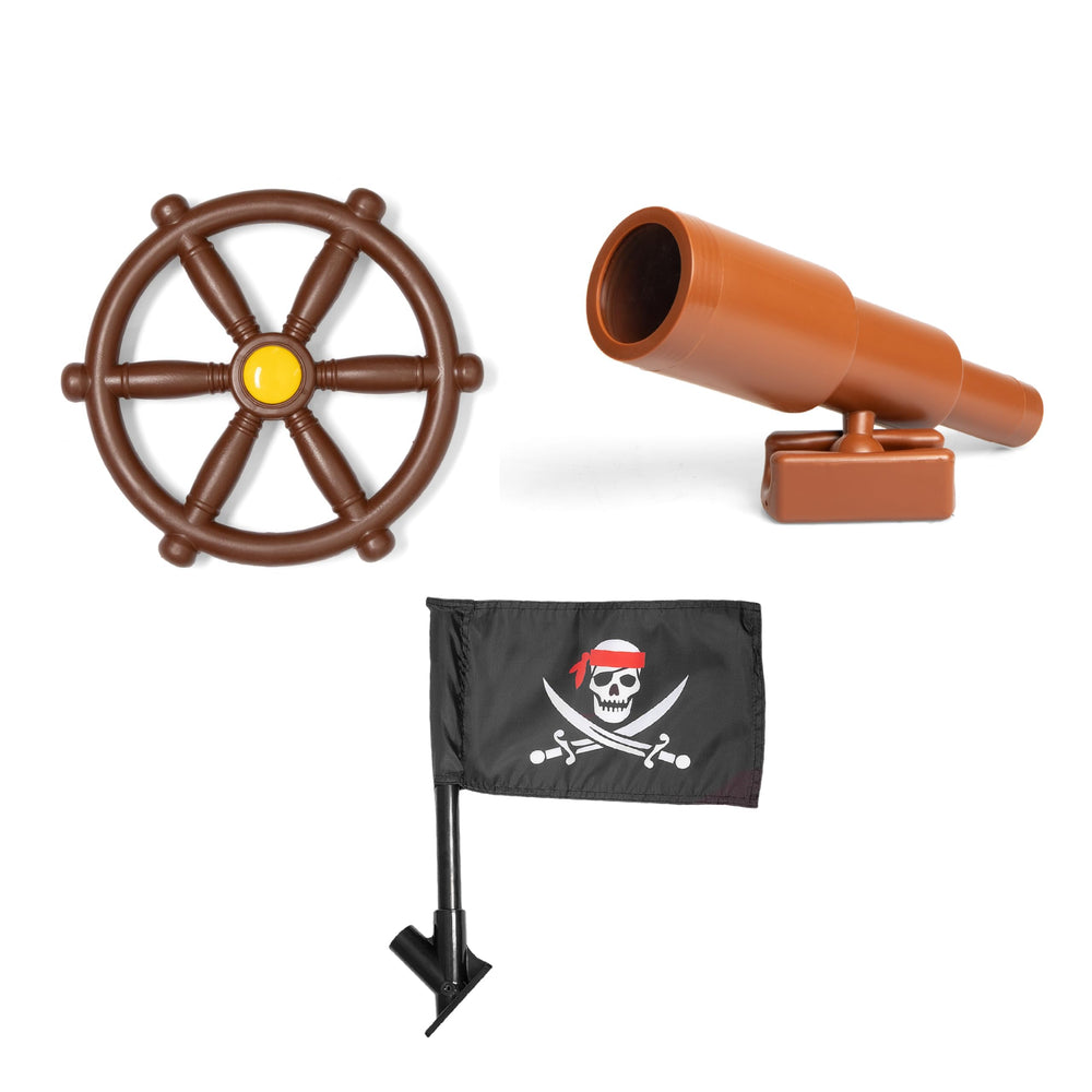 Barcaloo pirate ship wheel in a playhouse for backyard adventures and imaginative play