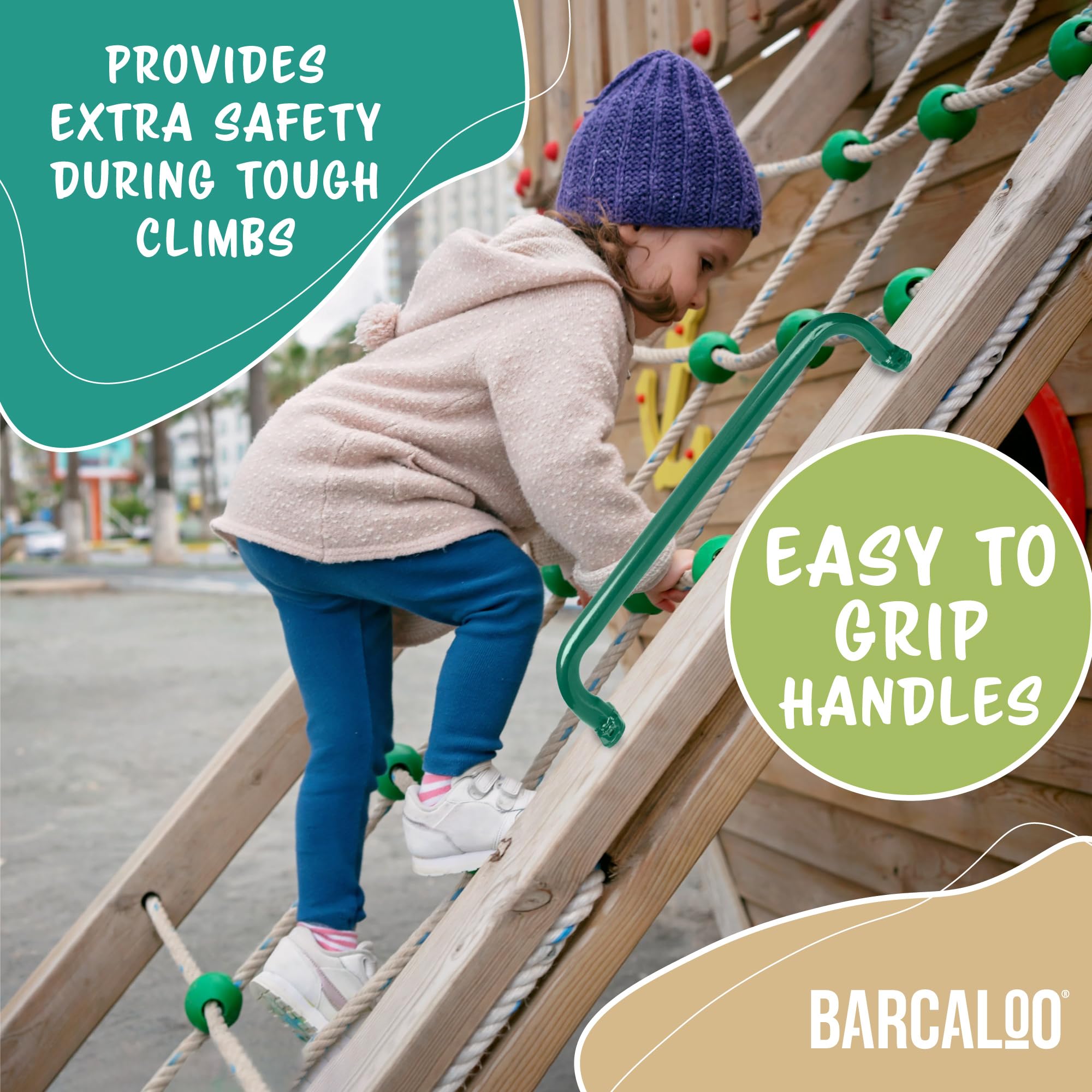Barcaloo safety handle for monkey bars enhances grip and confidence.