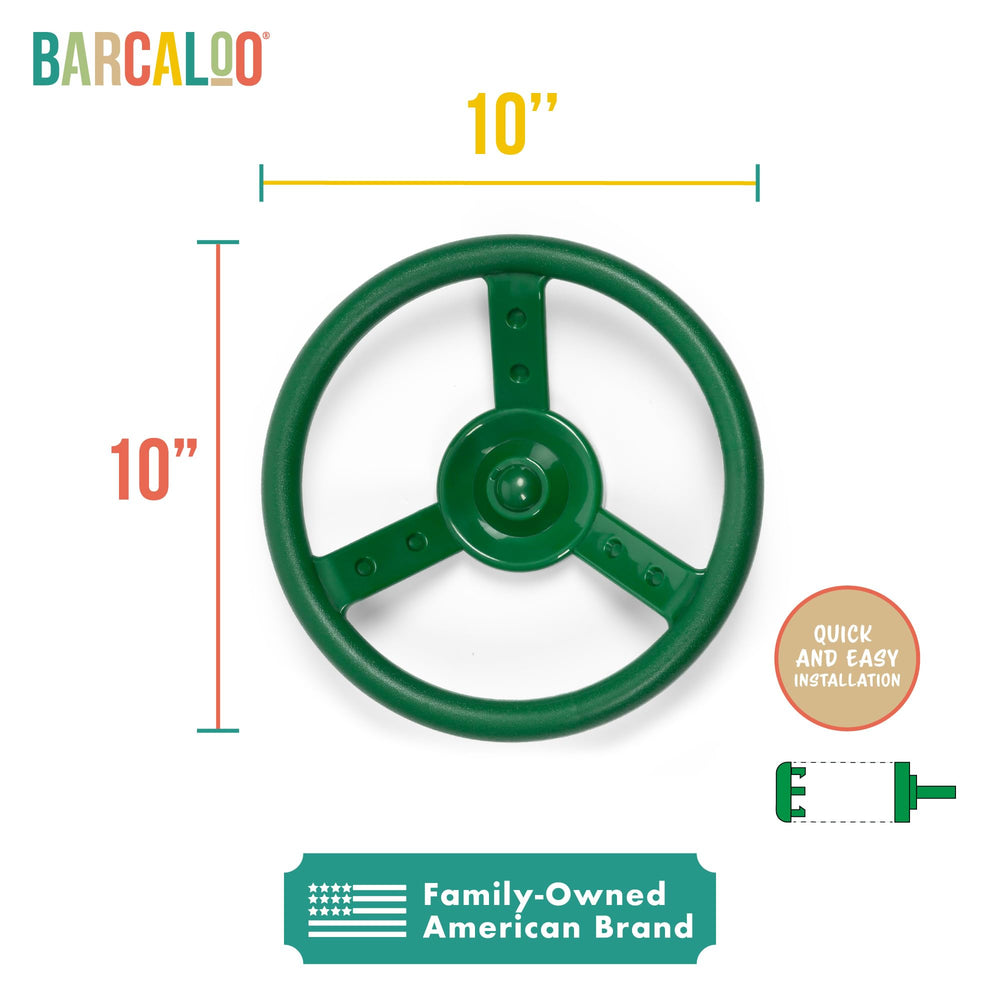 Barcaloo steering wheel close-up showing textured non-slip grip for active play.