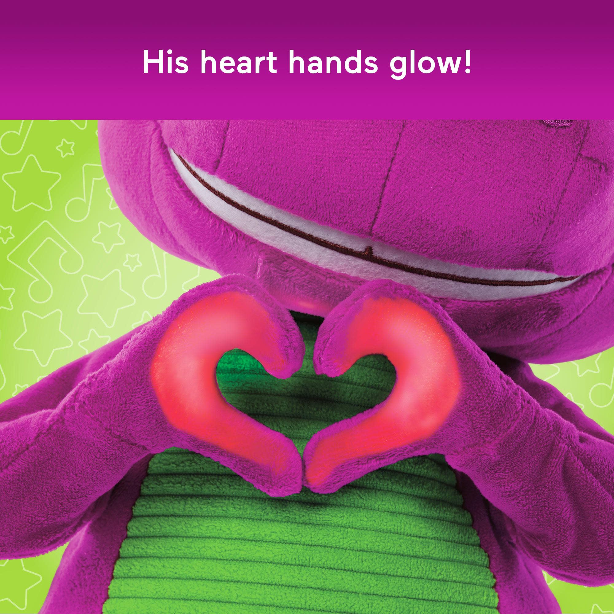 Soft-textured Barney's World plush for cozy hugs and play.