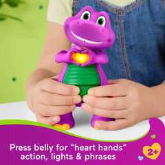 Barney's stomach-press action tilts head and reveals pop-up hands framing a glowing heart.