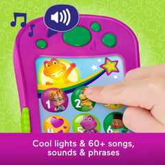 Camera and message buttons on the phone inspire pretend communication.