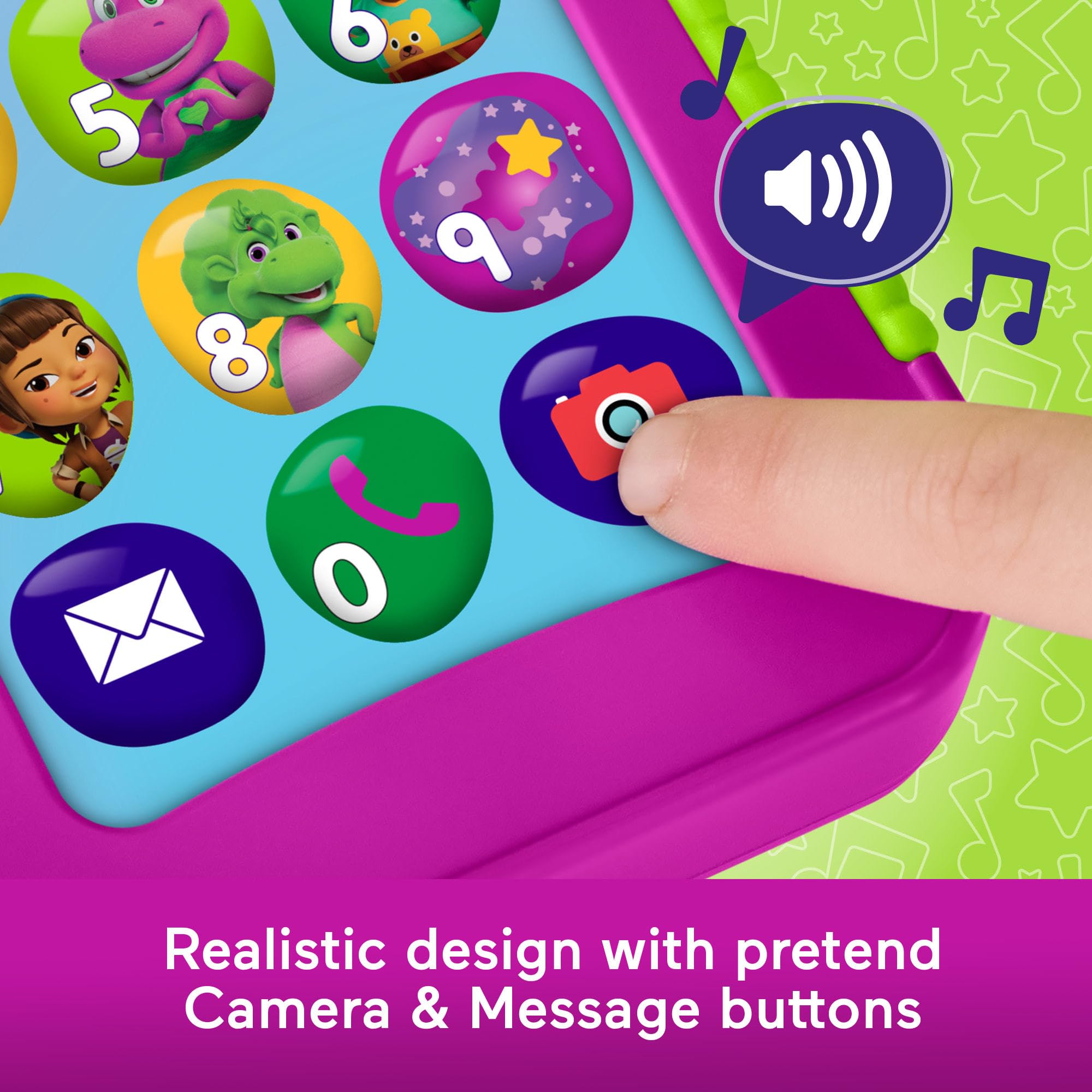 Language globe on Barney's Hey Barney Phone enables multilingual play.