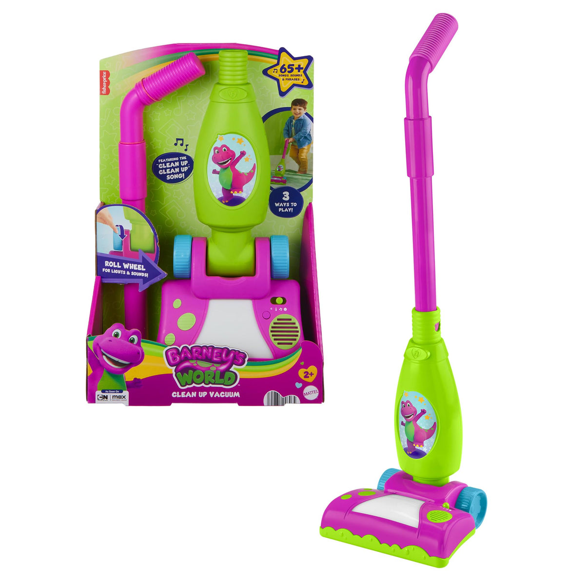 Barney's World Clean Up Vacuum front view encourages active pretend play.
