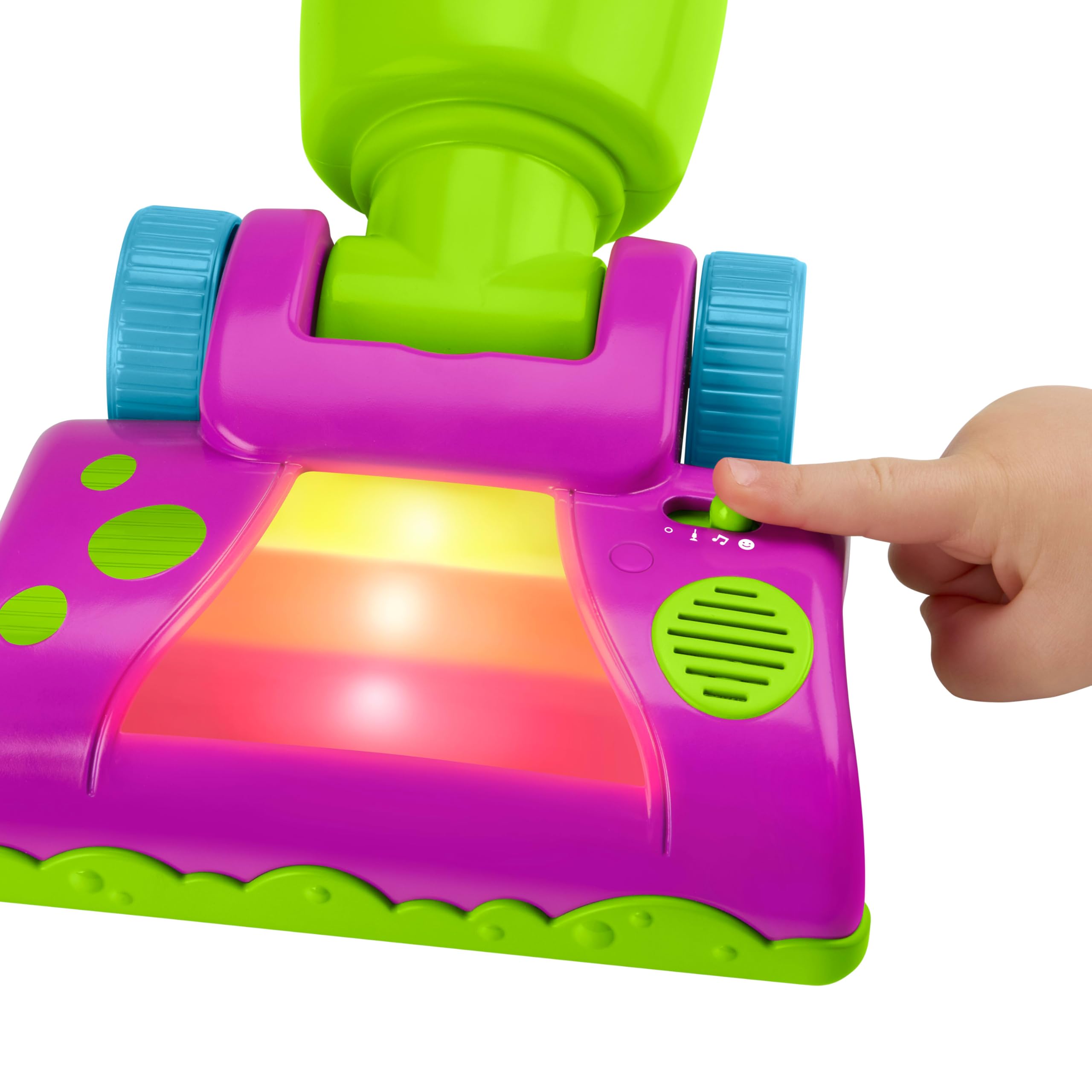 Barney's World Clean Up Vacuum lights illuminate during push-along play for sensory fun.