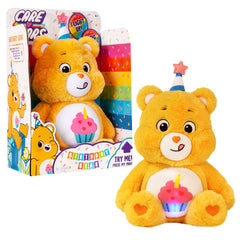Close-up of Birthday Bear belly badge lights in three colors