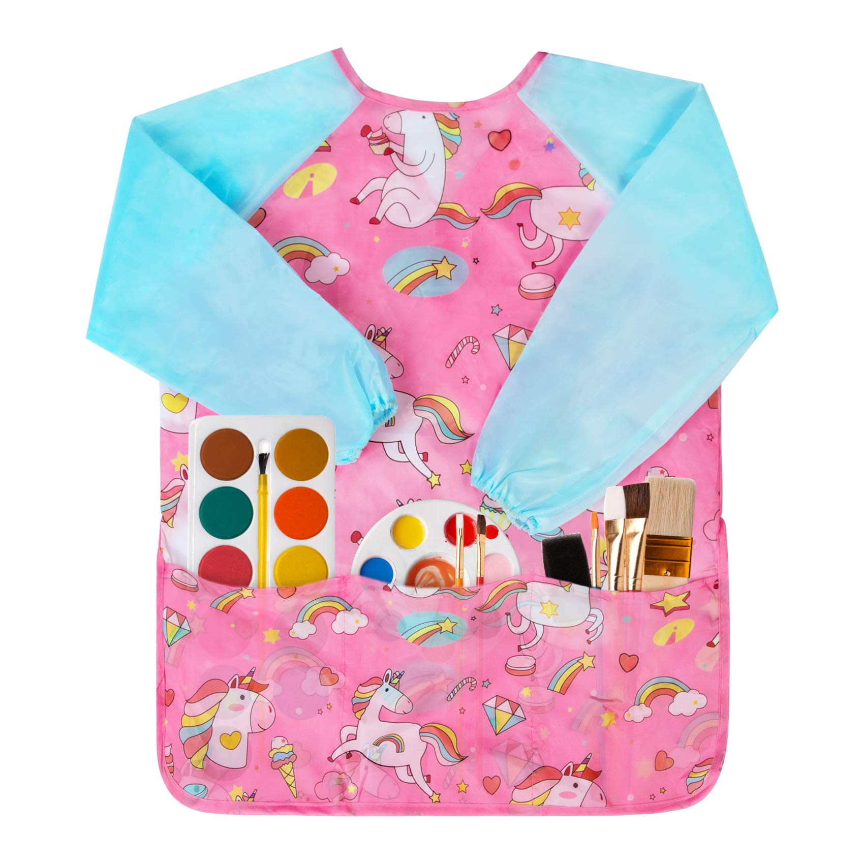 Bassion Kids Art Smock Azure Pink front view keeps clothes clean during painting