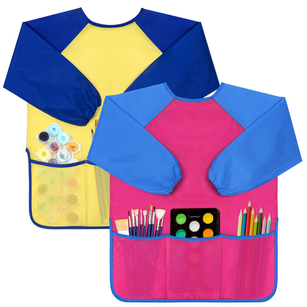Bassion kids art smock blue front view with long sleeves for mess-free painting