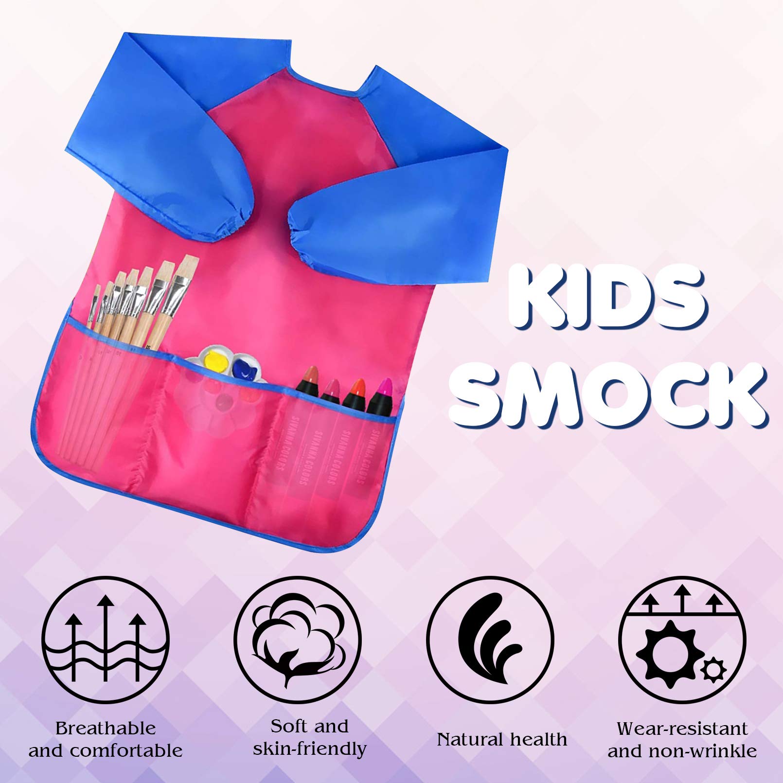 Bassion kids art smock pockets close-up displaying pens and brushes