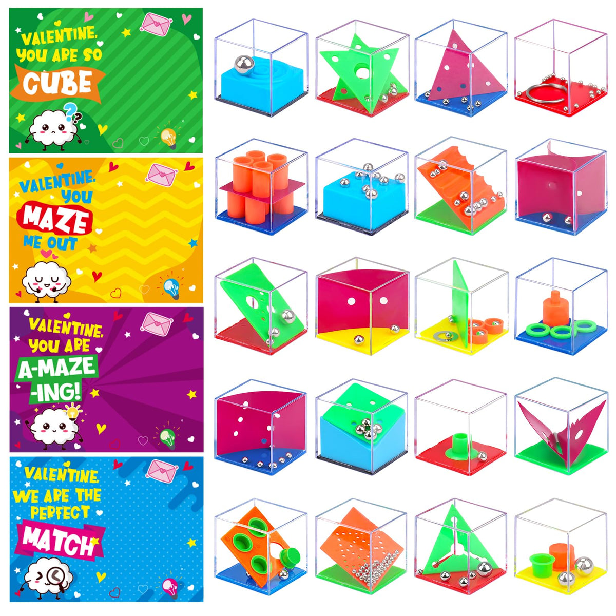 Basytodio 24-pack valentines cubes for classroom with colorful brain teasers