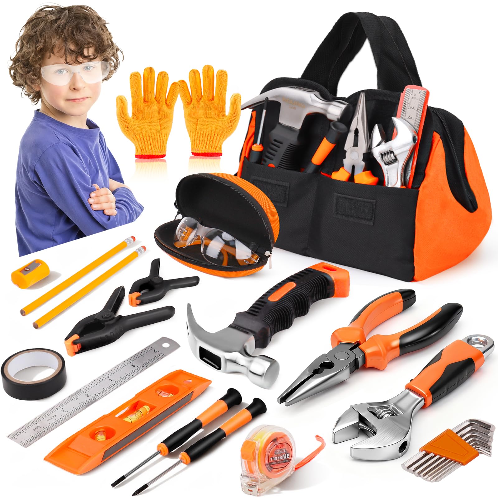 Basytodio 27-piece orange kids tool set with storage bag enables hands-on learning.