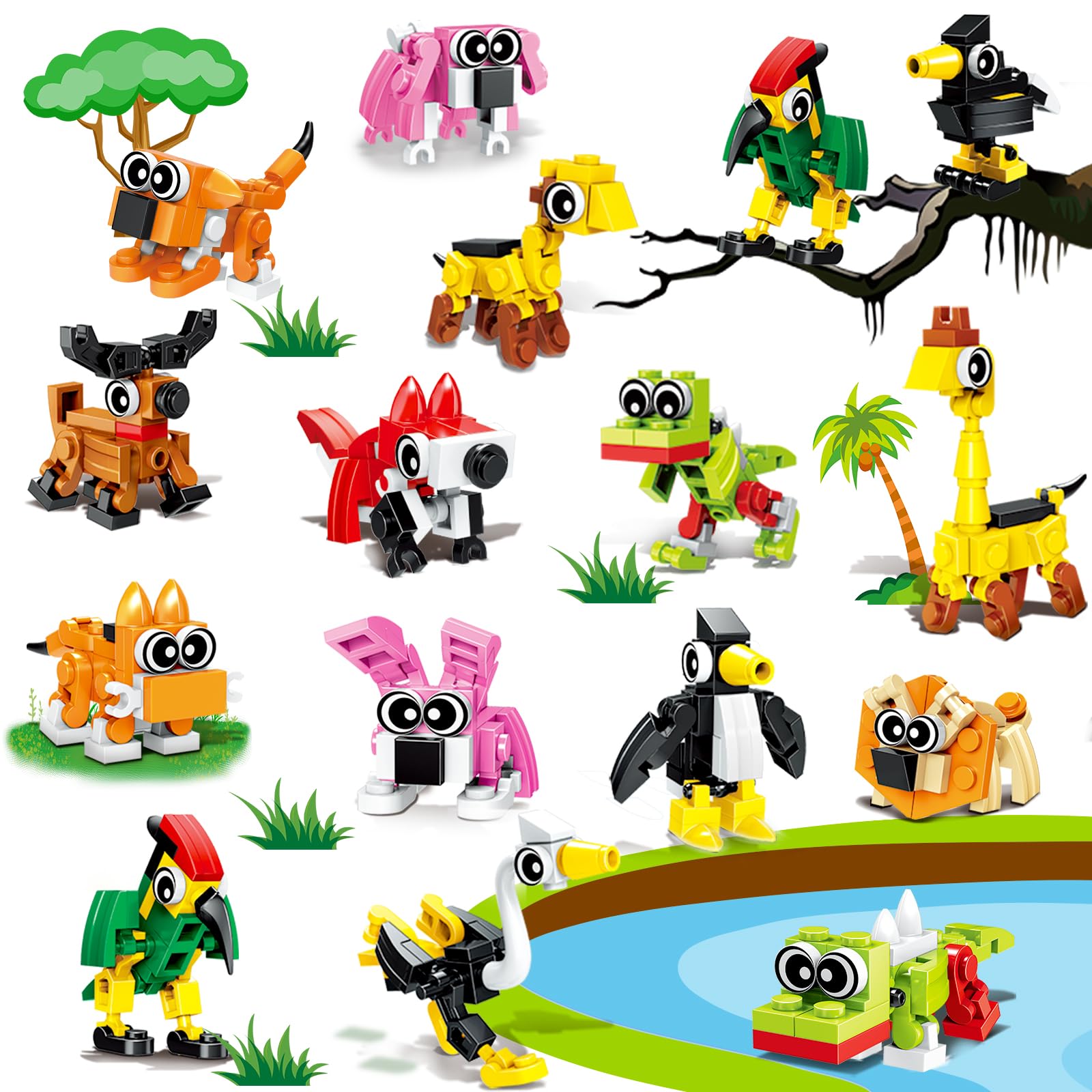 Basytodio animal mini building blocks with colorful figures for kids' party favors.