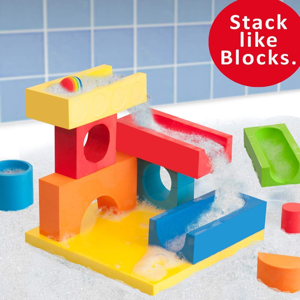 BathBlocks floating ball run toy demonstrates buoyancy and cause-and-effect in the bath.