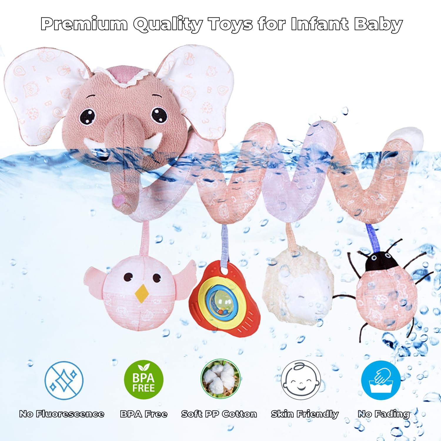 BATOHO pink elephant car seat toy enhances visual interest with bright colors