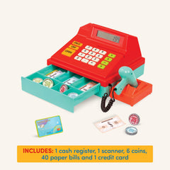 Battat cash register beeping buttons enhance pretend-store realism.