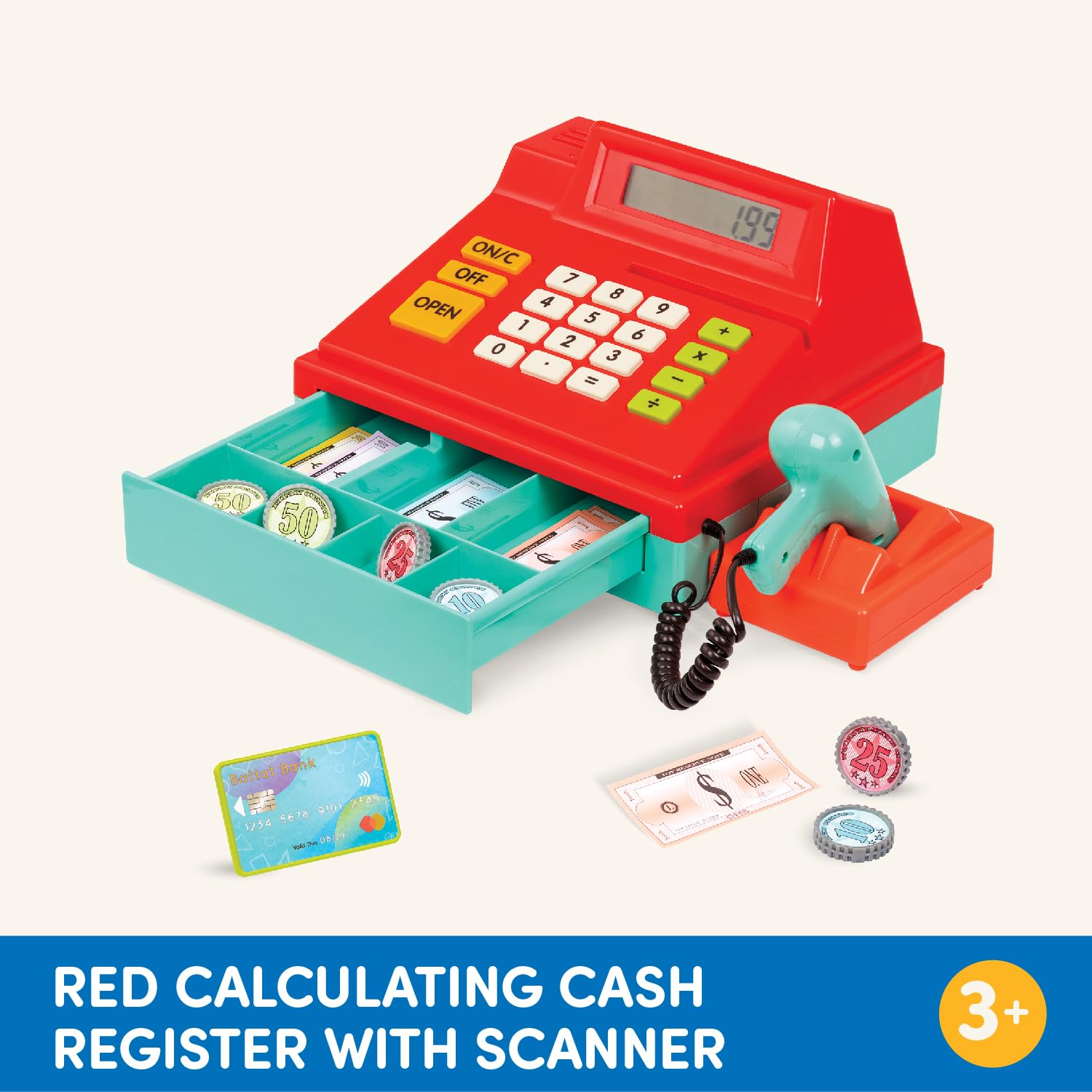 Battat cash register durable plastic stands up to busy play.