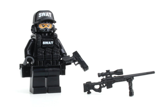 Battle Brick police SWAT sniper minifigure for display and collection.