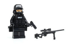 Battle Brick police SWAT sniper minifigure for display and collection.