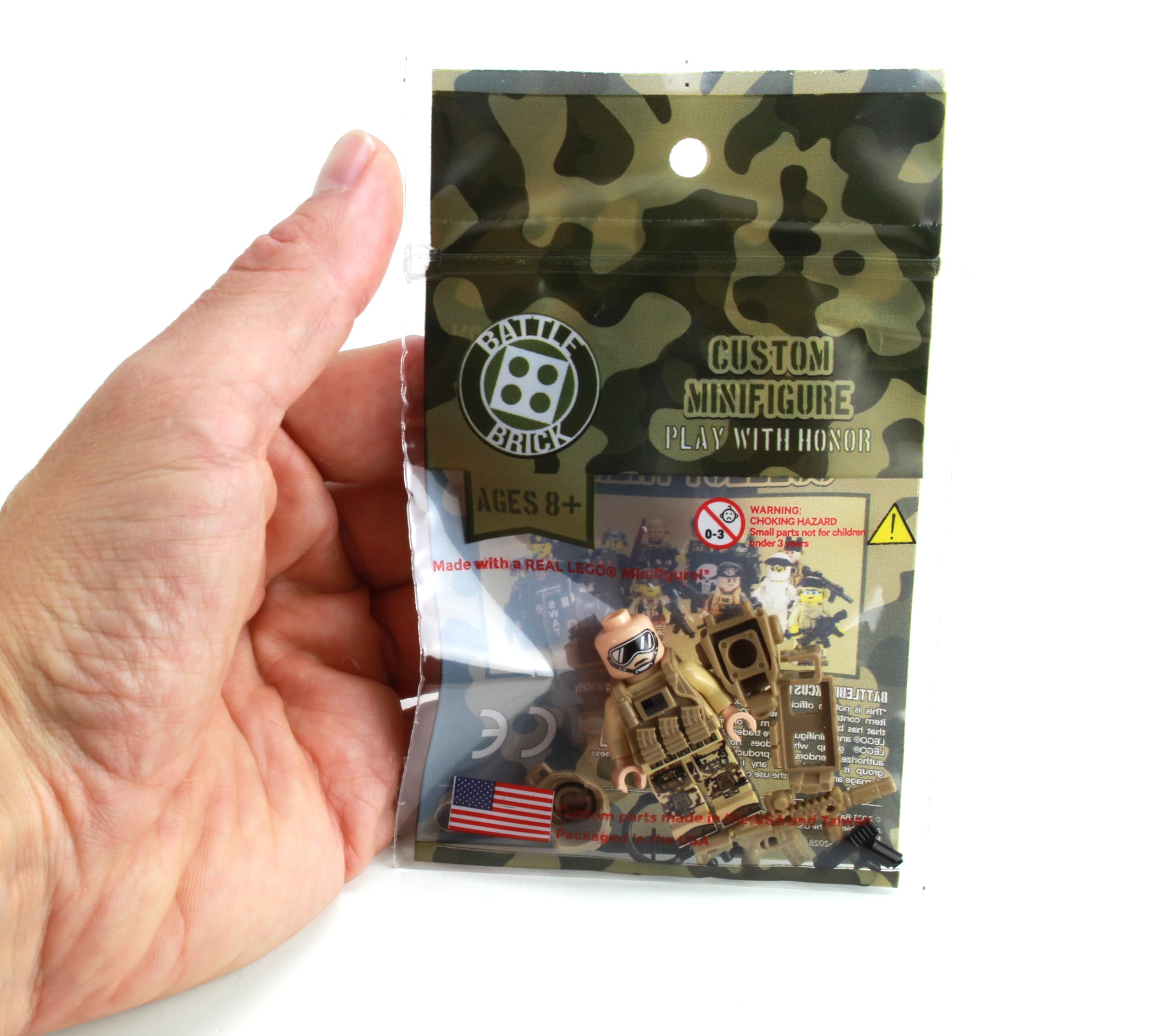 Gear and packaging featuring USA and Taiwan-made components for Battle Brick.