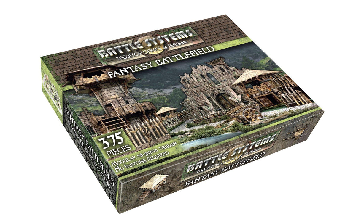 Battle Systems Fantasy Terrain Battlefield Core Set front view shows modular town layout for immersive tabletop battles.