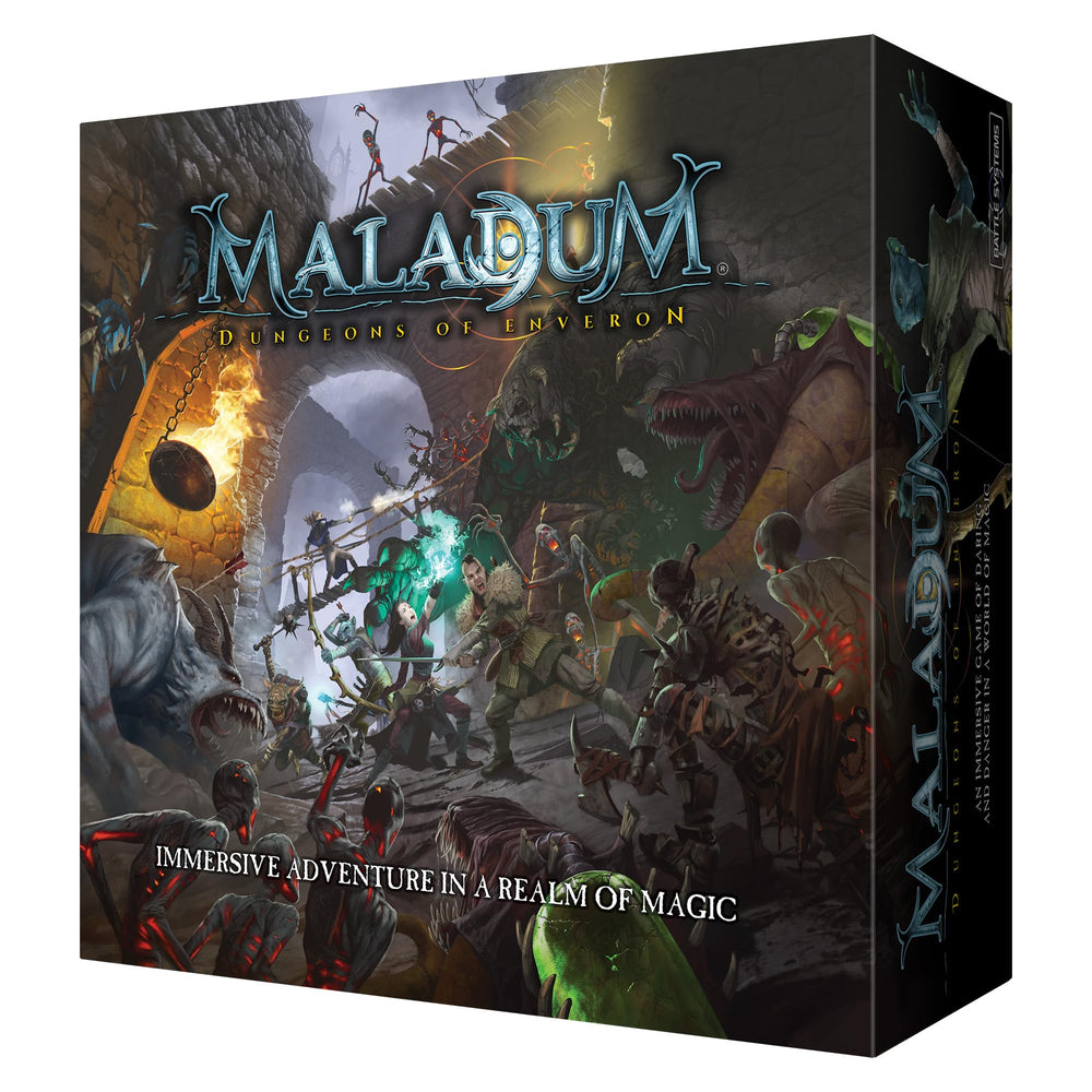 Battle Systems Maladum box cover highlights immersive dungeon setup for epic battles.