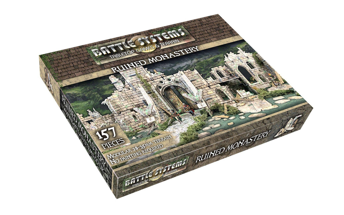 Battle Systems ruined monastery front view, ideal backdrop for in-game encounters.