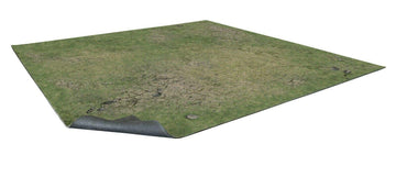 Battle Systems grassy fields mat 3x3 viewed on table for immersive battles