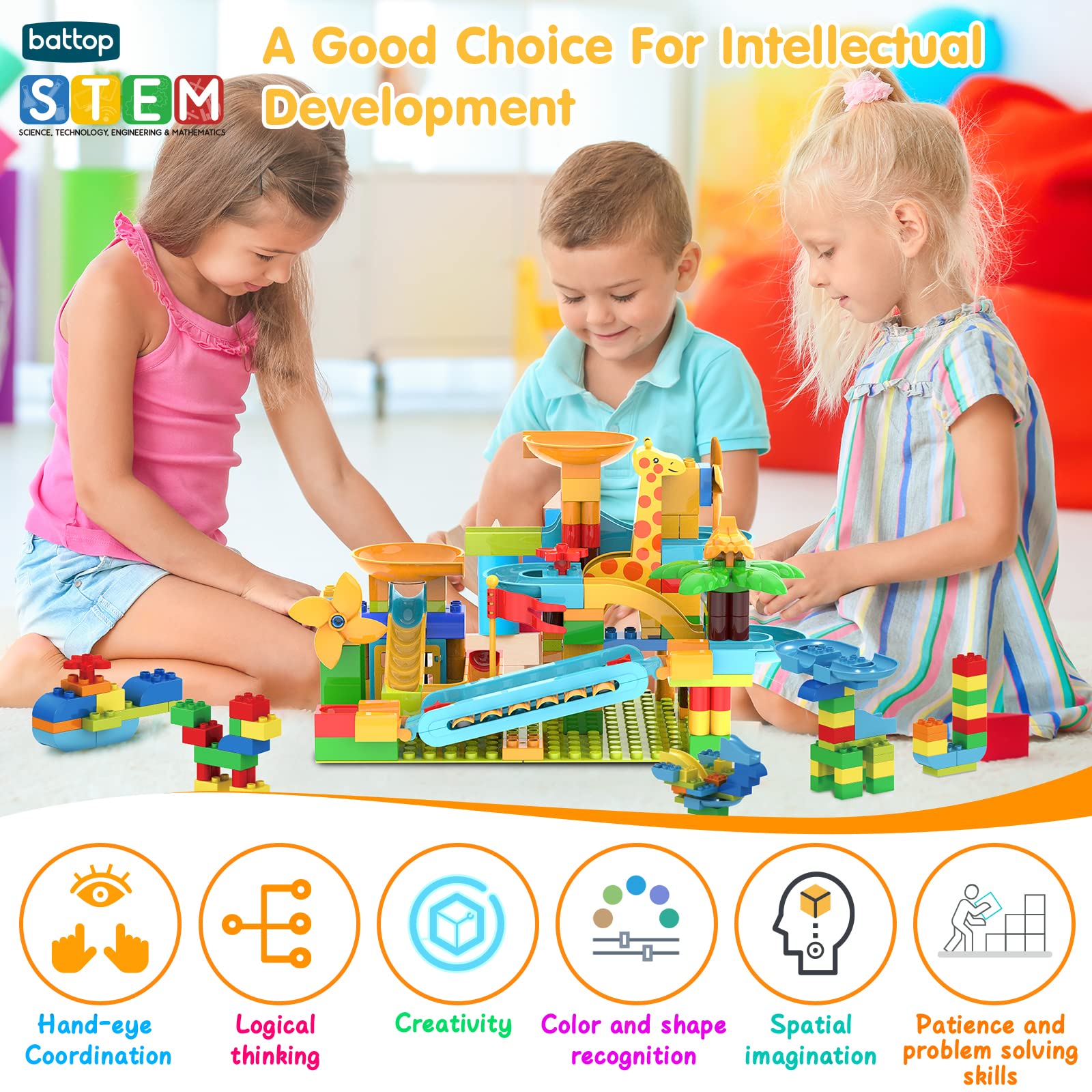 BATTOP Marble Run colorful track blocks spark imaginative construction and storytelling.