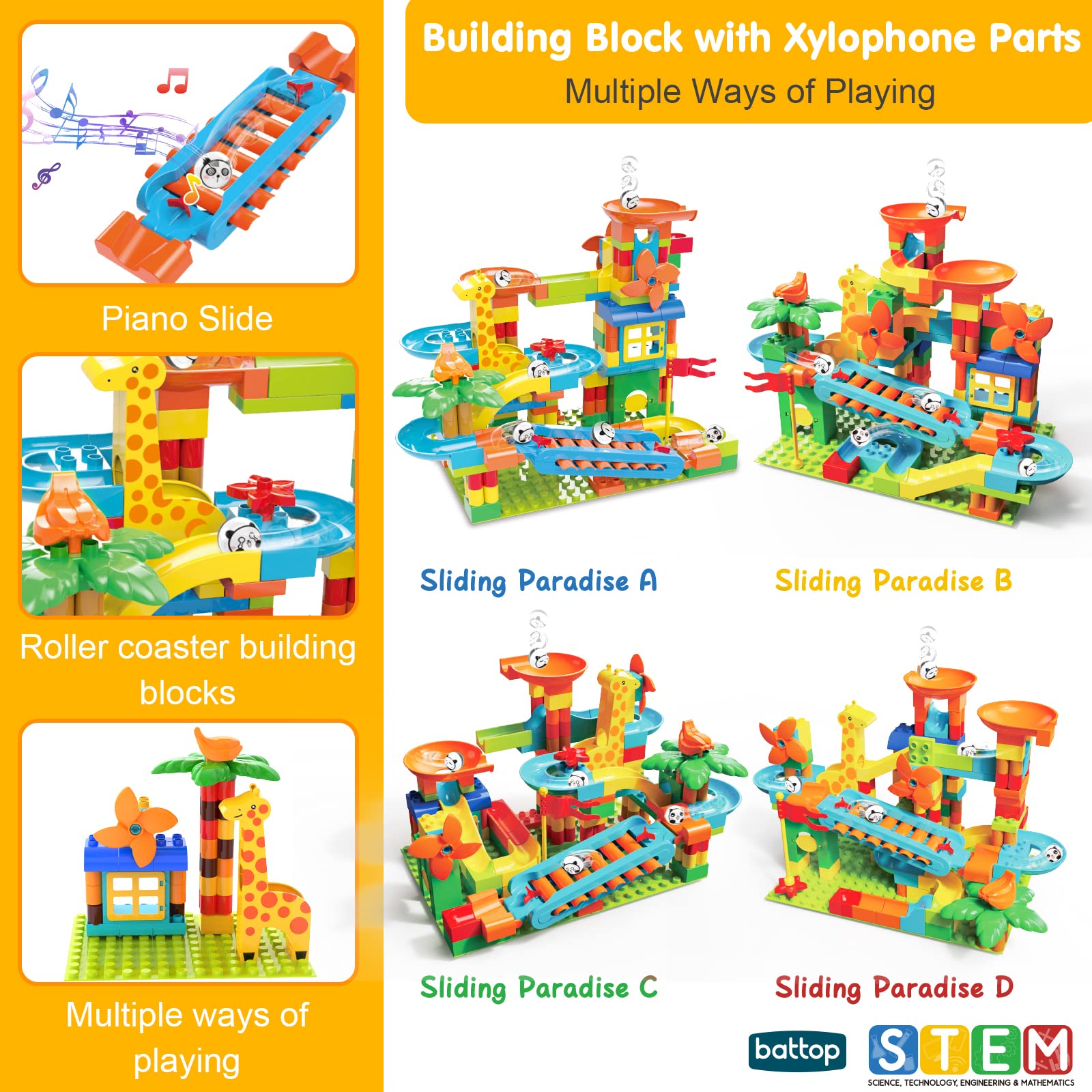 BATTOP Marble Run race balls glide along the track for dynamic play.