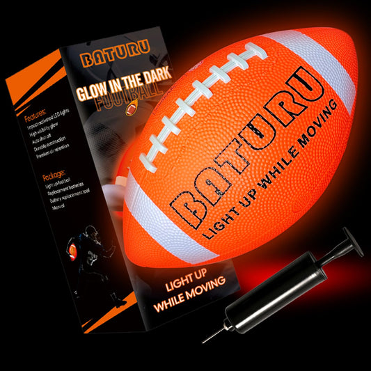 BATURU Glow-Dark Football front-lit for easier night catching and throwing.