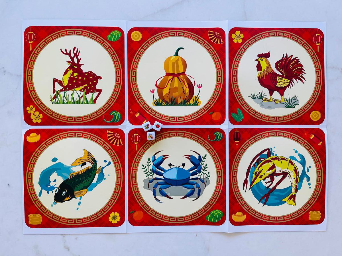 Bau Cua Ca Cop game mat top view with traditional icons for family fun