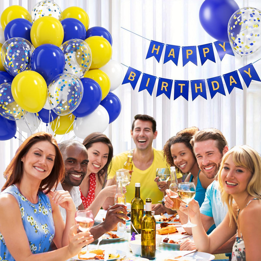 BAUANOOY baby shower decor with blue and yellow balloons.