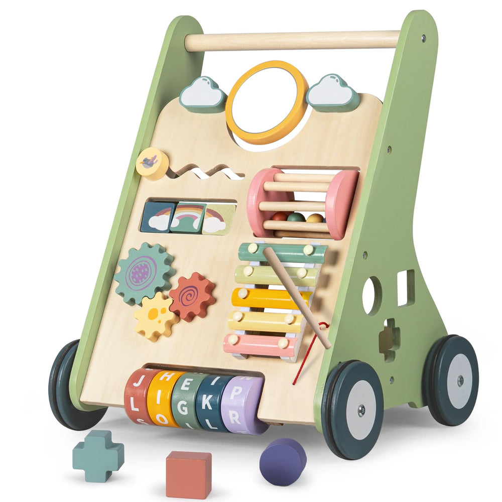Bautia wooden baby walker panel encourages coordination through engaging activities.