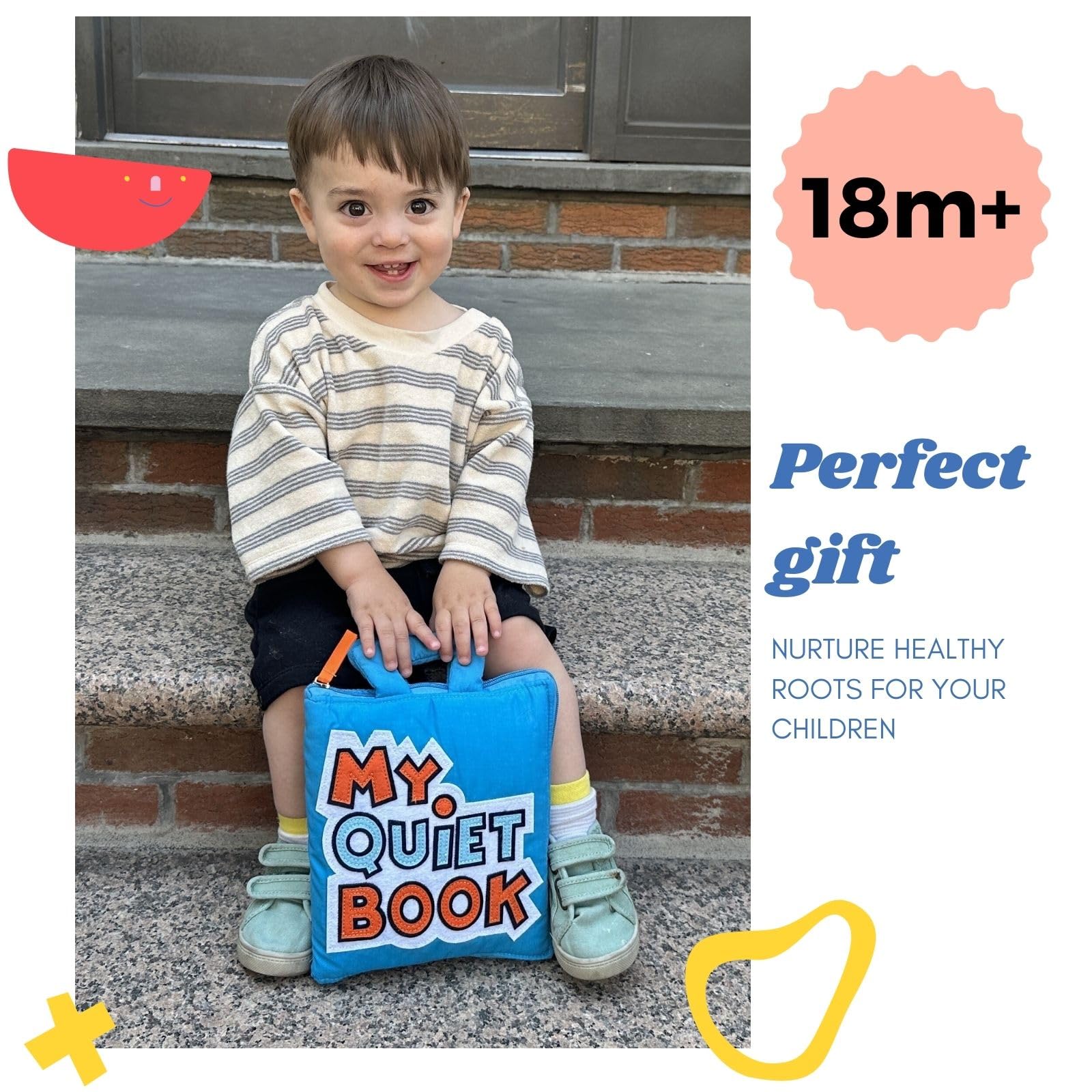 BAVY Quiet Book buttons, zipper, snaps support fine motor skills.