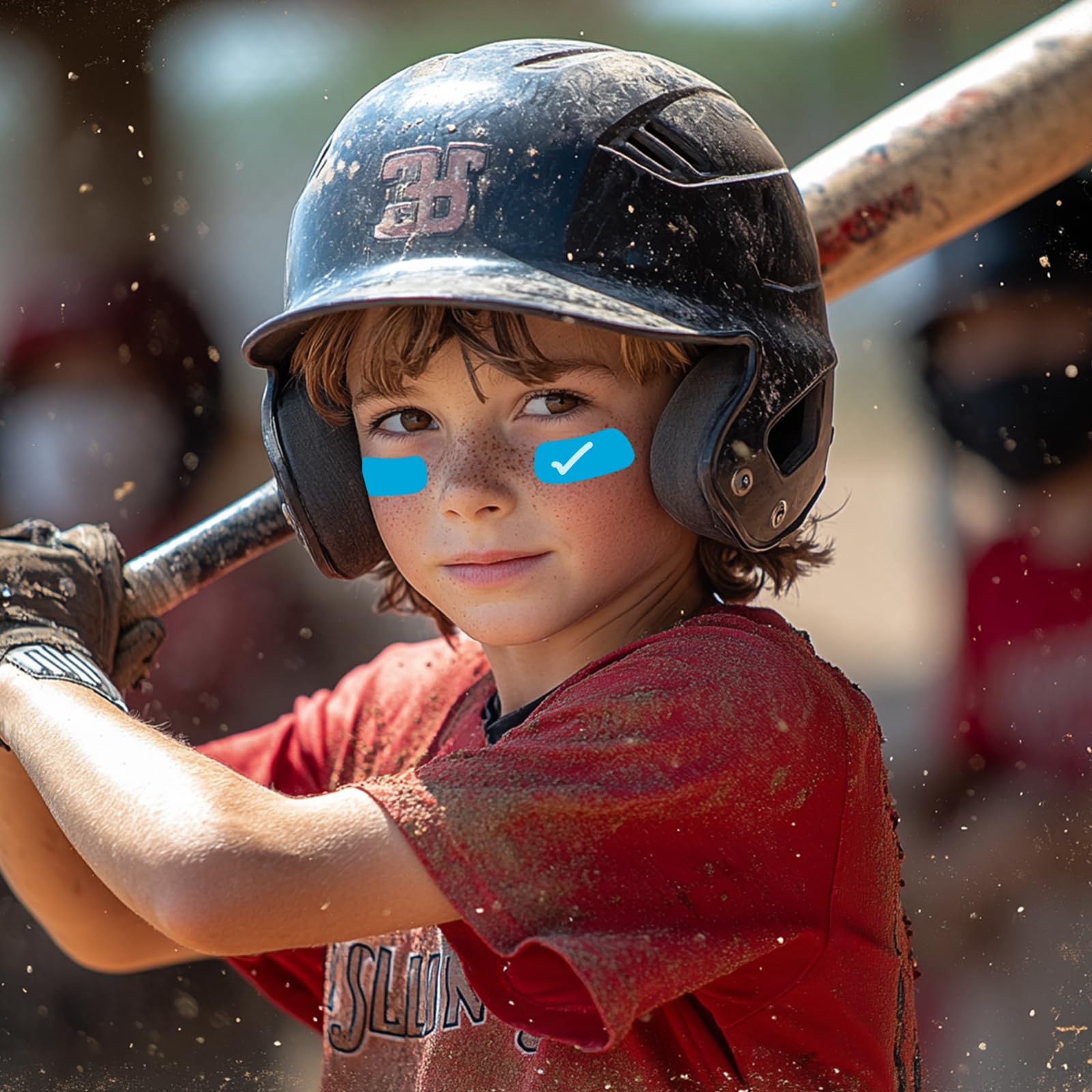 Blue-themed eye black stickers highlight team spirit