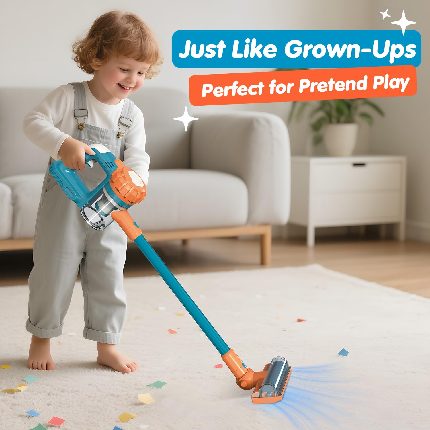 BAYMI 3-in-1 Kids Vacuum Interchangeable Nozzles support varied pretend tasks.