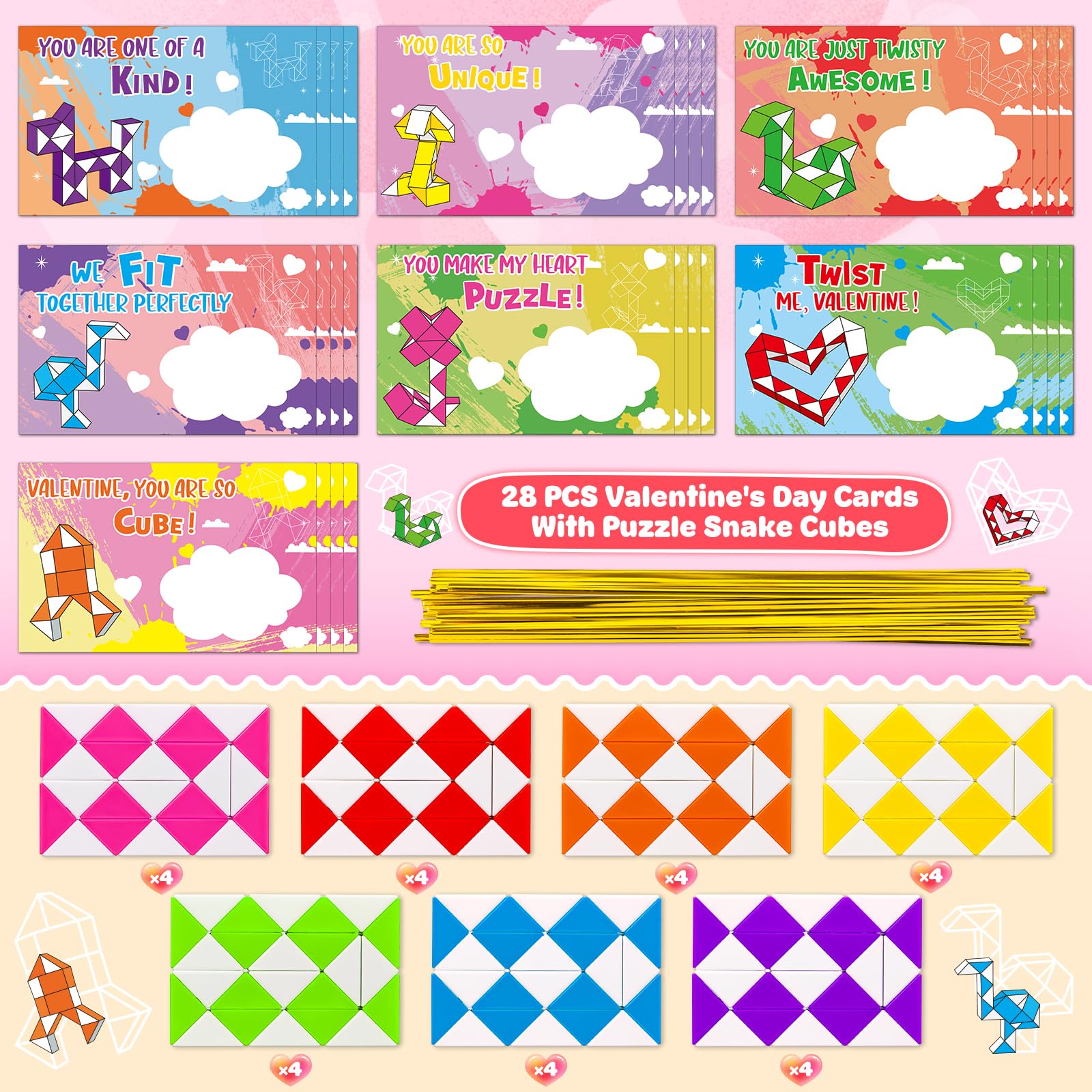 BAYSING twist snake cube toys paired with Valentine cards for party favors