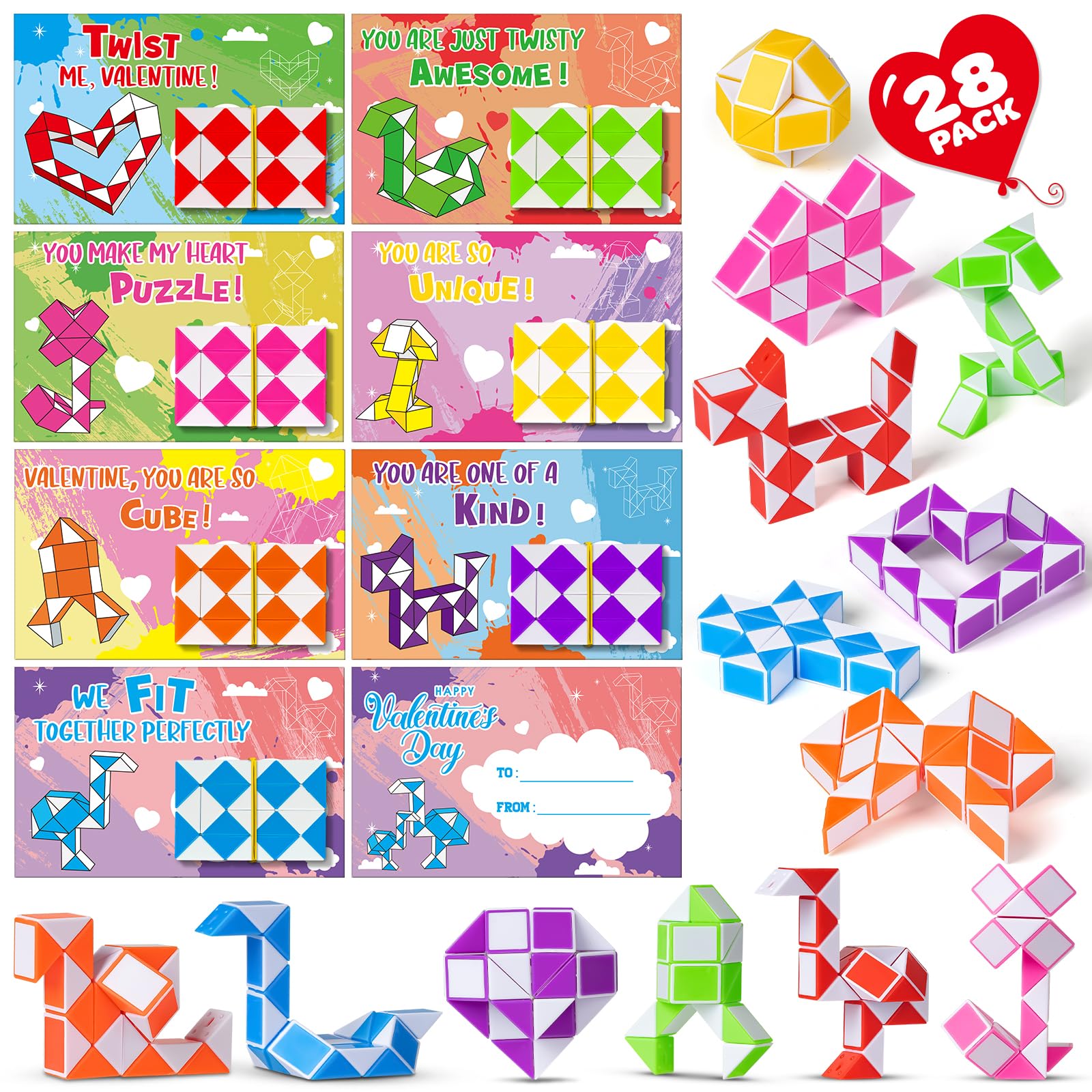 BAYSING Valentines cards with twist snake cubes for classroom gift exchanges