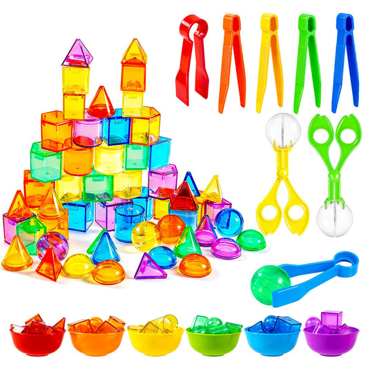 Bbiamsleep 76-piece blue geometric solids for tactile counting on a light table
