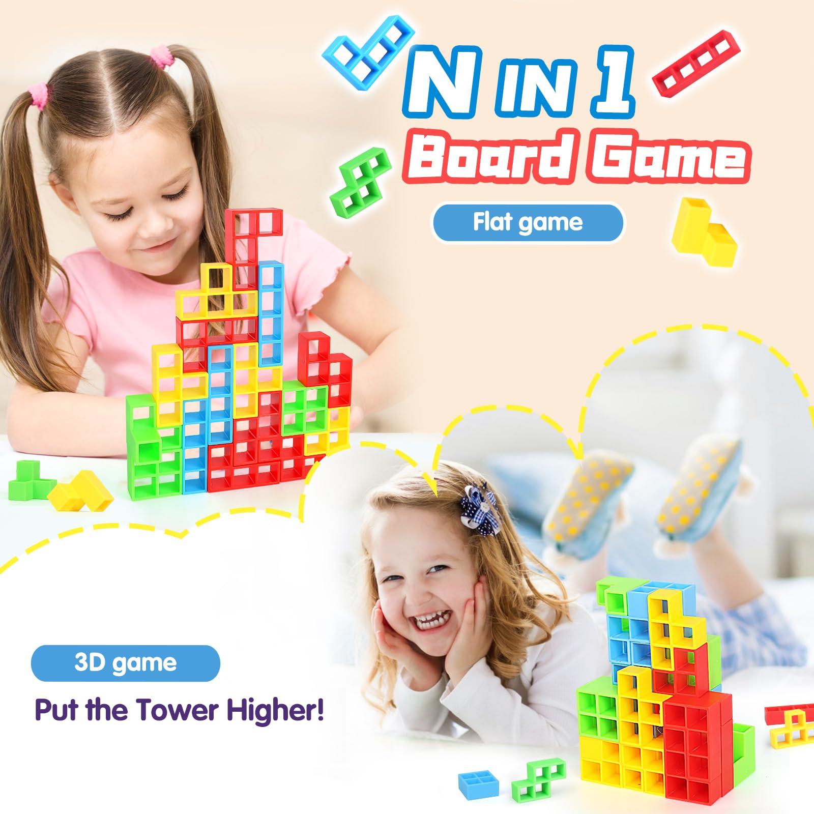 Two players race to stack higher, sharpening focus and teamwork