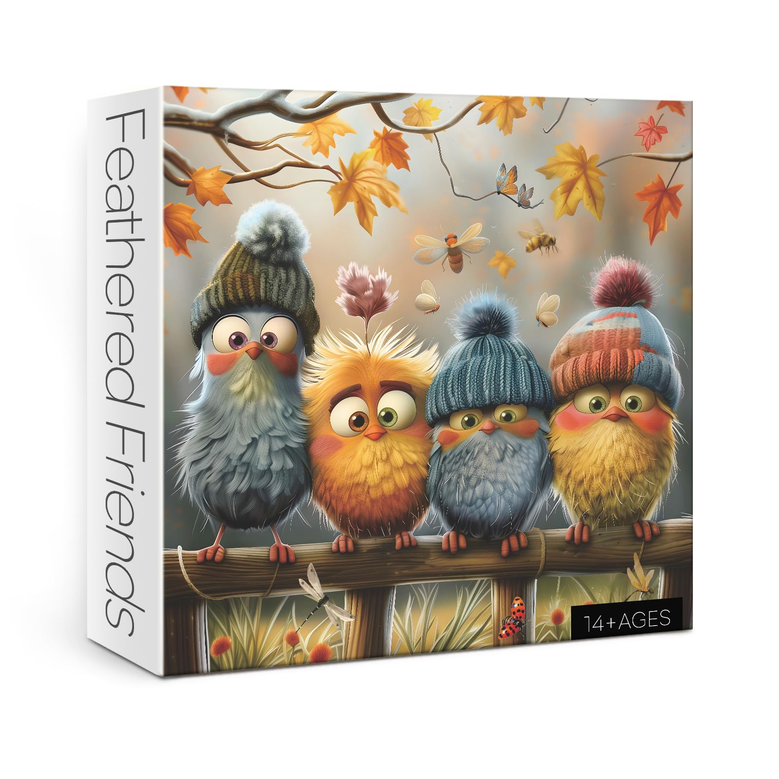 BBOLDIN Autumn Bird Puzzle on fence with four birds wearing wool hats, cozy scene
