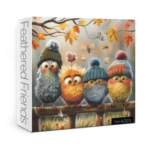 BBOLDIN Autumn Bird Puzzle on fence with four birds wearing wool hats, cozy scene