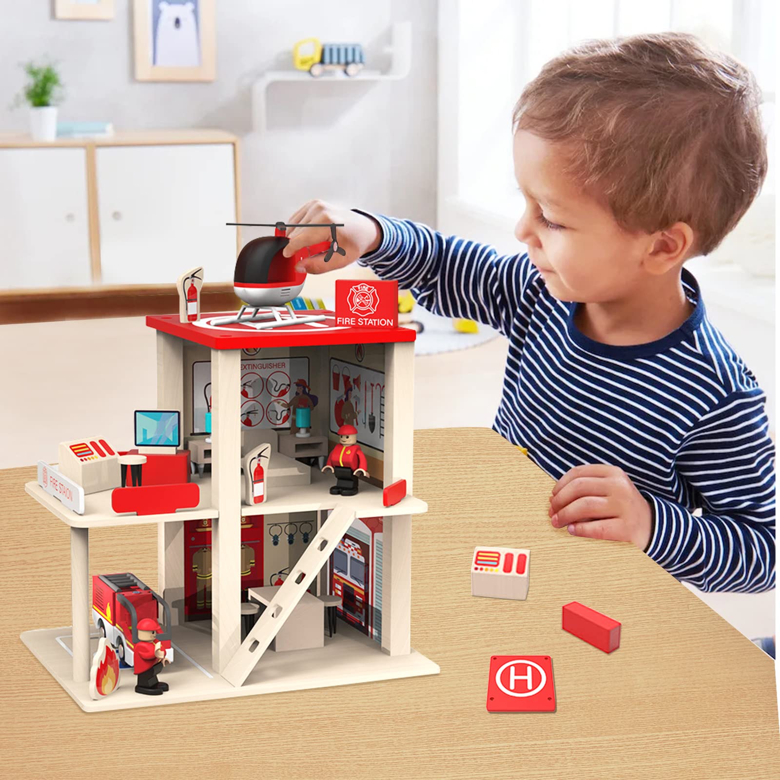 BBtinker 3-level dollhouse fire station displayed with ladders and doors
