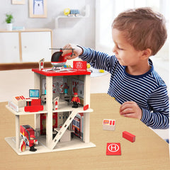 BBtinker 3-level dollhouse fire station displayed with ladders and doors
