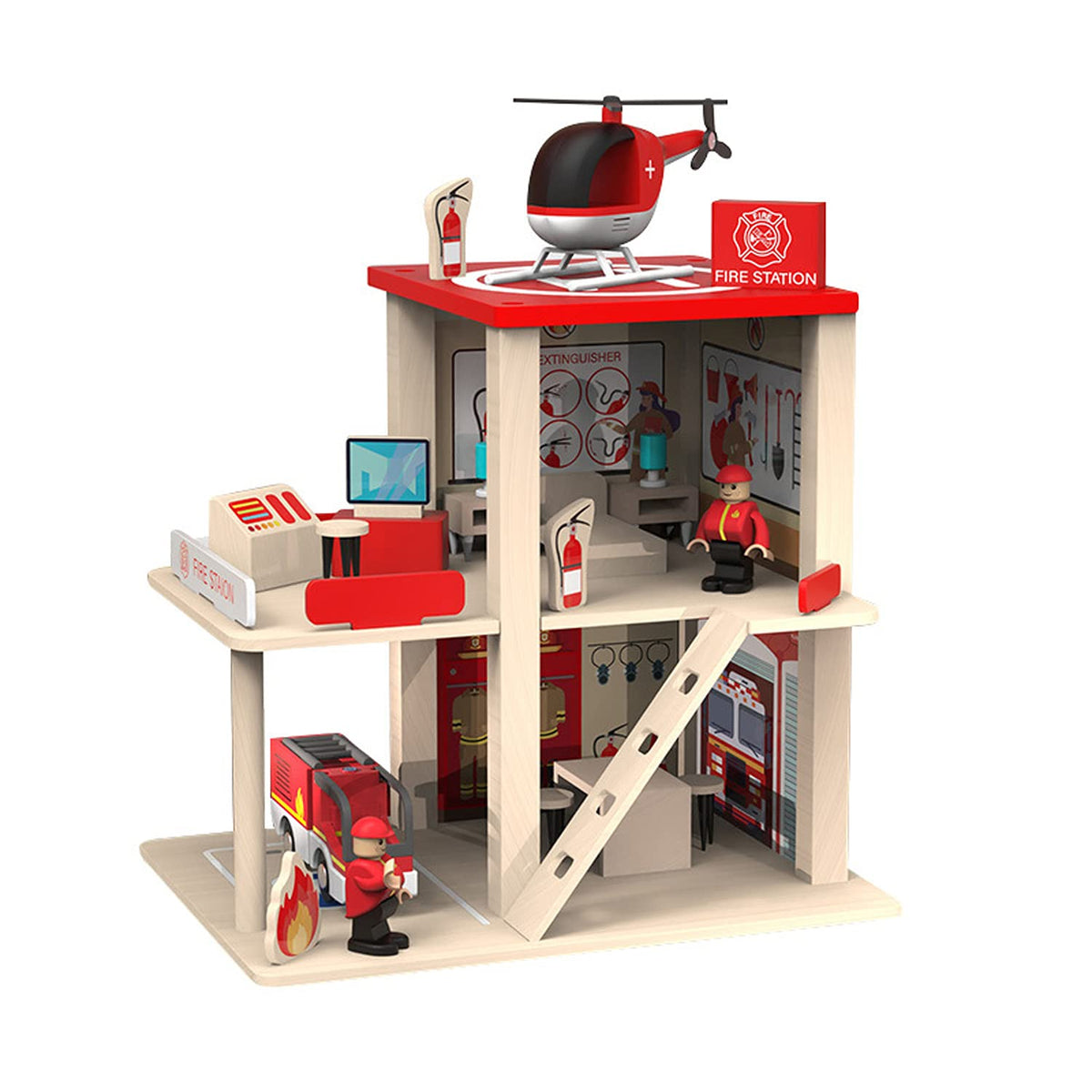 BBtinker wooden fire station playset front view for imaginative pretend play